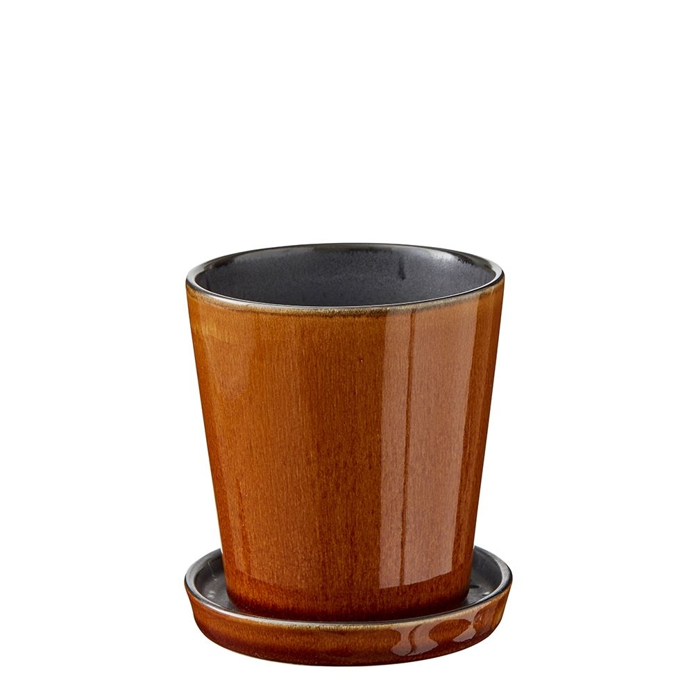 Bitz - Planter with saucer - 10 cm - black/amber